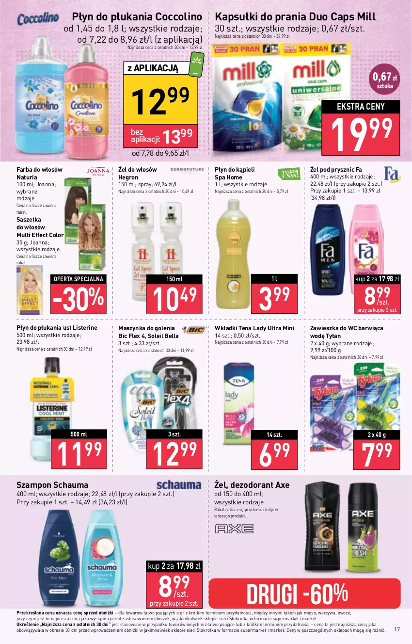 Gazetka promocyjna Stokrotka - Supermarket - ważna 12.10 do 18.10.2023 - strona 18 - produkty: Bell, Bella, BIC, Coccolino, Dezodorant, Fa, Farba do włosów, Hegron, Joanna, Kapsułki do prania, Listerine, Maszynka, Maszynka do golenia, Mięso, Owoce, Płyn do kąpieli, Płyn do płukania, Schauma, Szampon, Szynka, Tytan, Warzywa, Wkładki, Zawieszka do wc