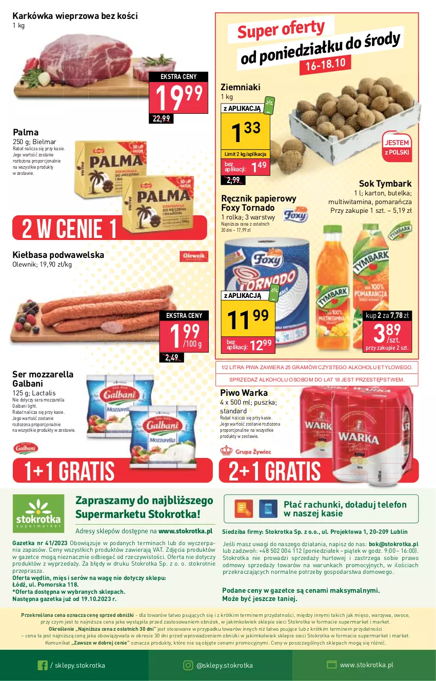 Gazetka promocyjna Stokrotka - Supermarket - ważna 12.10 do 18.10.2023 - strona 21 - produkty: Dres, Foxy, Galbani, Gra, JBL, Karkówka wieprzowa, Kiełbasa, Kiełbasa podwawelska, Mięso, Mozzarella, O nas, Olewnik, Owoce, Palma, Papier, Piwa, Piwo, Por, Ręcznik, Ser, Sok, Telefon, Tymbark, Wagi, Warka, Warzywa, Wawel, Ziemniaki