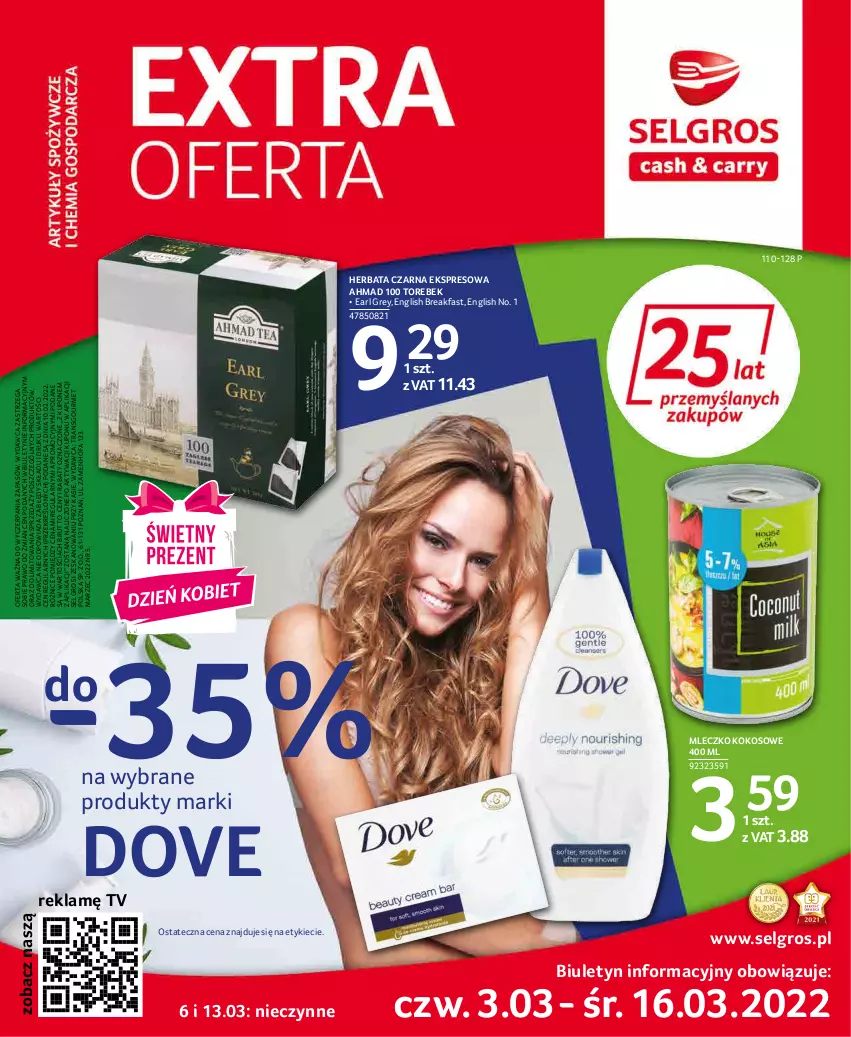 Gazetka promocyjna Selgros - Extra Oferta - ważna 01.03 do 31.03.2022 - strona 1 - produkty: Dove, Earl Grey, Fa, Herbata, Herbata czarna, Kokos, LG, Mleczko, Tran