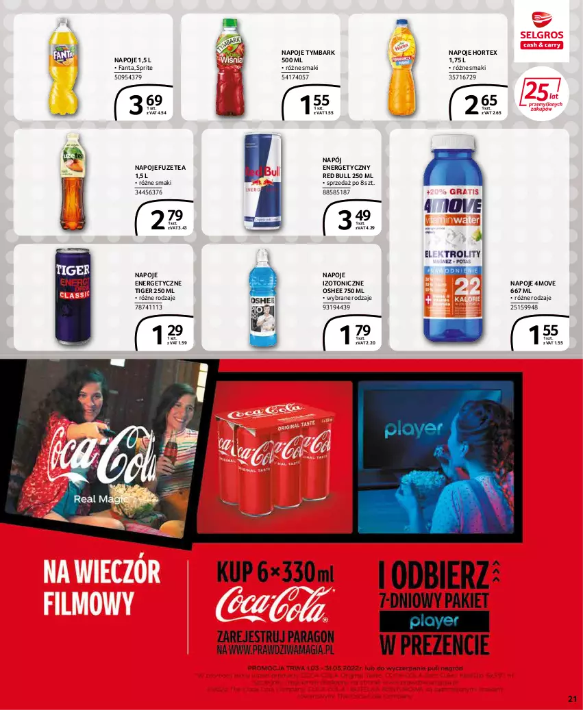 Gazetka promocyjna Selgros - Extra Oferta - ważna 01.03 do 31.03.2022 - strona 21 - produkty: Fa, Fanta, Hortex, Napój, Napój energetyczny, Napoje, Oshee, Red Bull, Sprite, Tiger, Tymbark