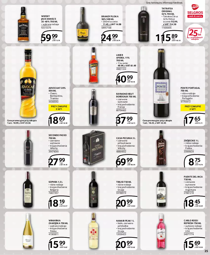 Gazetka promocyjna Selgros - Extra Oferta - ważna 01.03 do 31.03.2022 - strona 25 - produkty: Advocaat, Aperol, Bordeaux, Brandy, Carlo Rossi, Gin, Likier, Pliska, Por, Tatra, Whisky, Winiarnia Zamojska