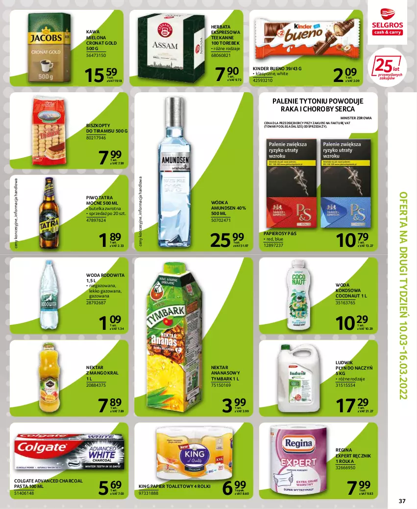 Gazetka promocyjna Selgros - Extra Oferta - ważna 01.03 do 31.03.2022 - strona 37 - produkty: Amundsen, Ananas, Biszkopty, Colgate, Fa, Gin, Herbata, Kawa, Kawa mielona, Kinder, Kinder Bueno, Kokos, LG, Ludwik, Mango, Nektar, Papier, Papier toaletowy, Piwo, Ręcznik, Rolki, Ser, Tatra, Teekanne, Tymbark, Woda, Wódka