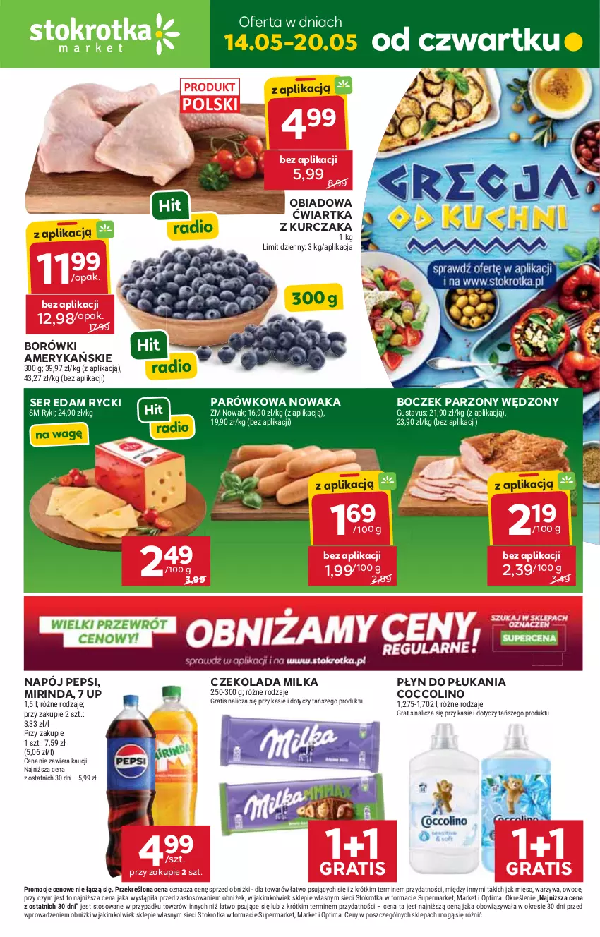 Gazetka promocyjna Stokrotka - Market - ważna 14.05 do 20.05.2026 - strona 1 - produkty: Boczek, Coccolino, Czekolada, Edam, Gra, Kurczak, Mięso, Milka, Mirinda, Napój, NOWAK, Optima, Owoce, Pepsi, Płyn do płukania, Ser, Warzywa