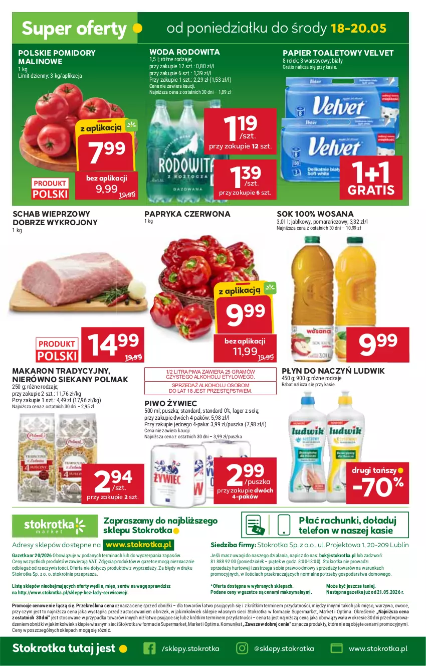 Gazetka promocyjna Stokrotka - Market - ważna 14.05 do 20.05.2026 - strona 34 - produkty: Dres, Gra, JBL, Ludwik, Makaron, Mięso, O nas, Olma, Optima, Owoce, Papier, Papier toaletowy, Papryka, Papryka czerwona, Piwa, Piwo, Pomidory, Schab wieprzowy, Ser, Sok, Telefon, Velvet, Wagi, Warzywa, Woda, Wosana