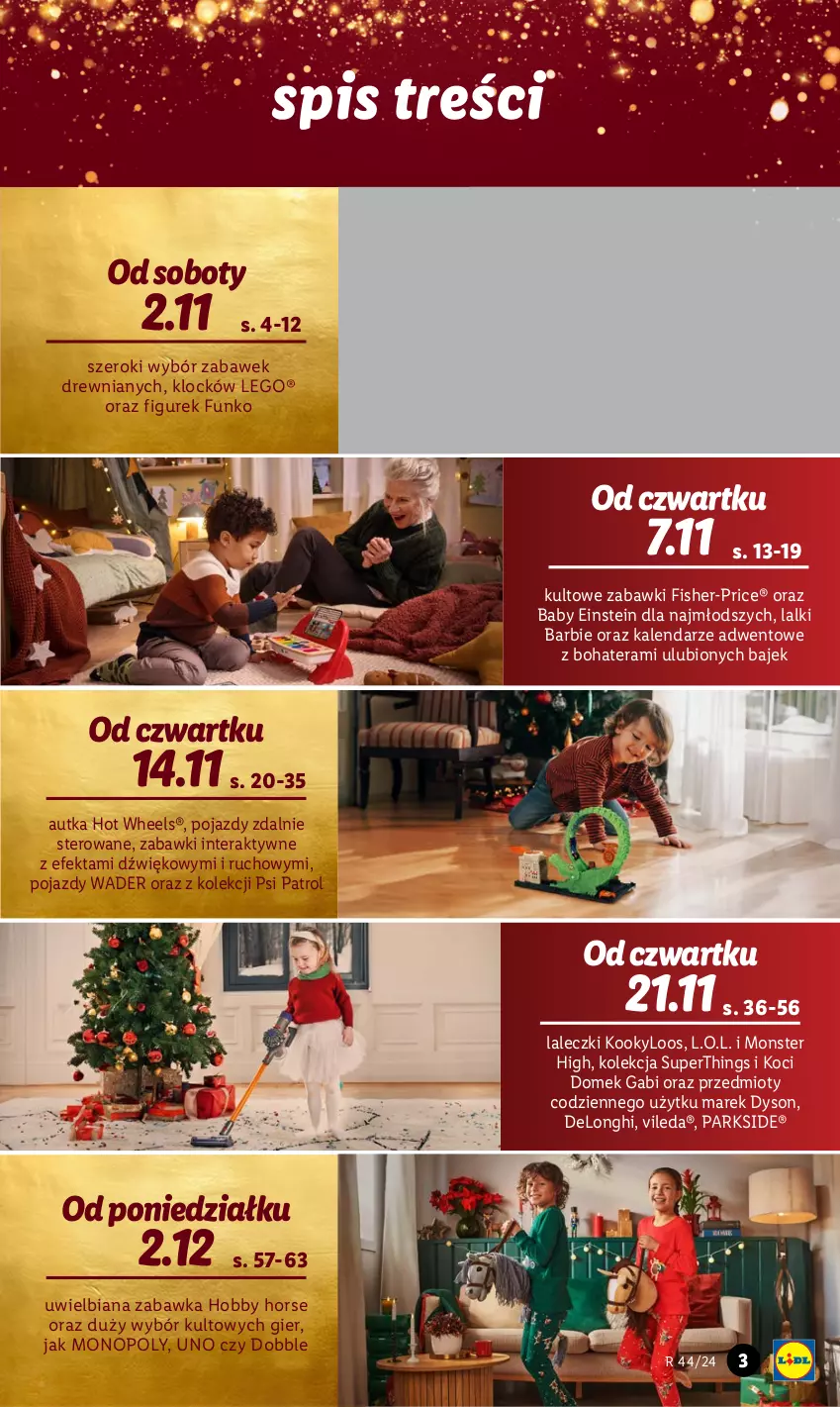 Gazetka promocyjna Lidl - KATALOG ZABAWKI - ważna 02.11 do 24.12.2024 - strona 3 - produkty: Barbie, Fisher-Price, Hobby, Hot Wheels, Kalendarz, Koc, L.O.L., LEGO, Monopoly, Parkside, Pojazd, Psi Patrol, Tera, Vileda, Zabawka