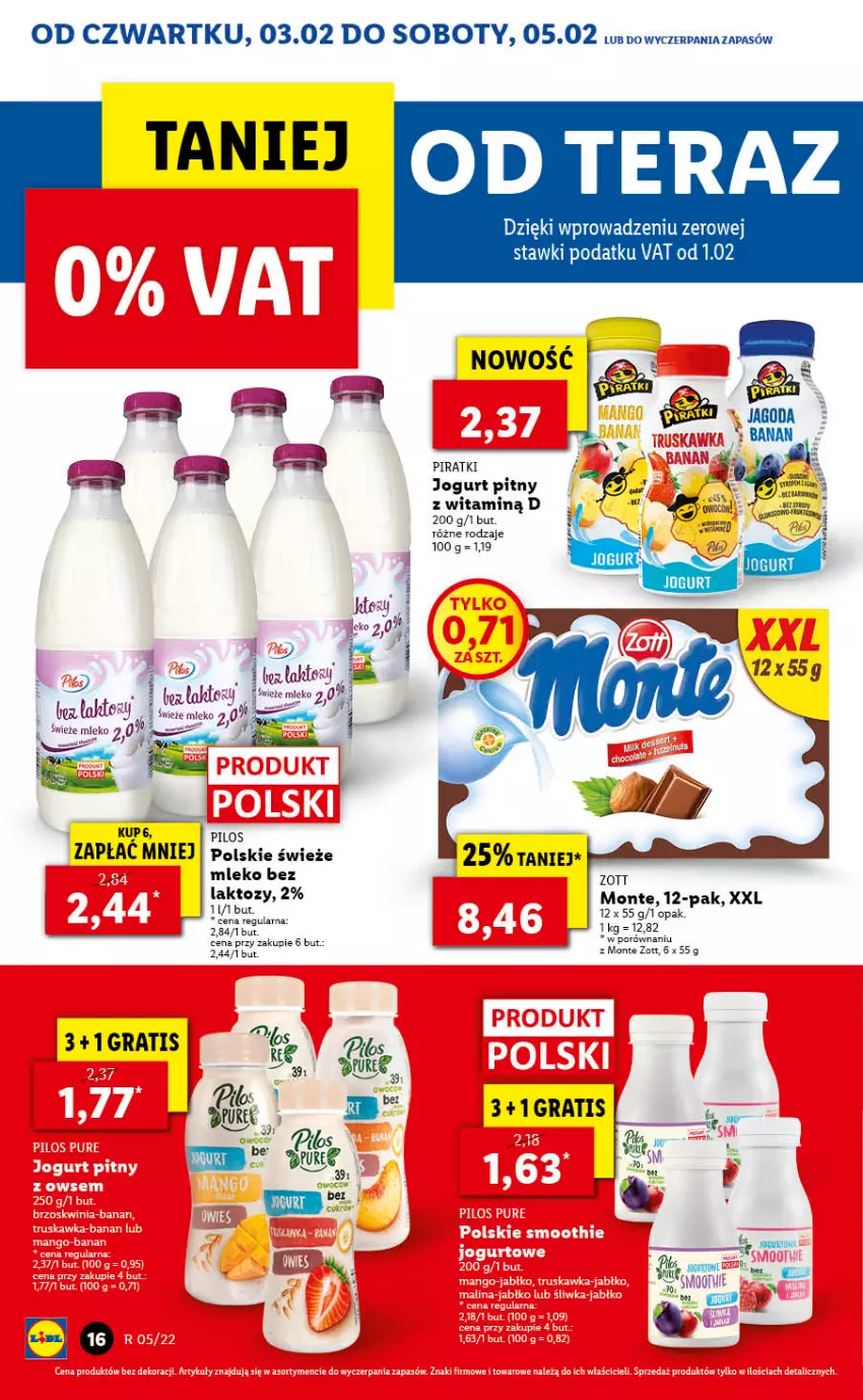 Gazetka promocyjna Lidl - GAZETKA - ważna 03.02 do 05.02.2022 - strona 16 - produkty: Gra, Jogurt, Jogurt pitny, Mleko, Monte, Pilos, Zott