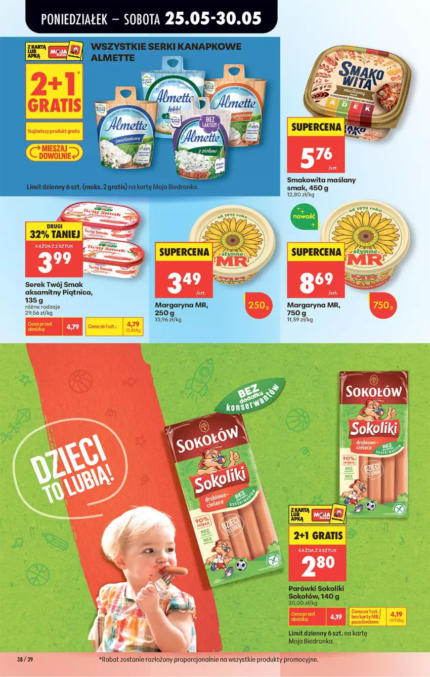 Gazetka promocyjna Biedronka - Od Poniedziałku - ważna 25.05 do 30.05.2026 - strona 40 - produkty: Aksam, Gra, Margaryna, Parówki, Parówki sokoliki, Piątnica, Por, Ser, Serek, Smakowita, Sok, Sokołów