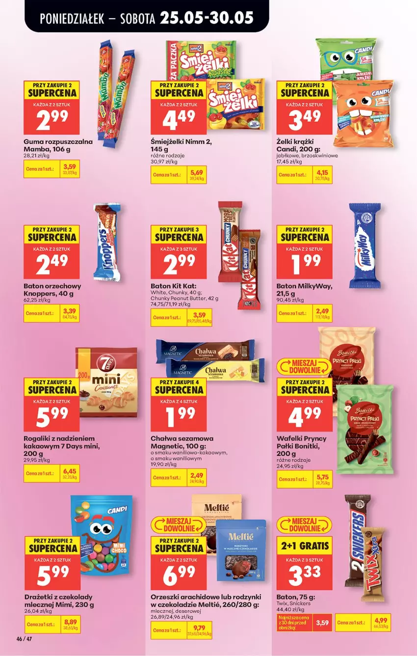 Gazetka promocyjna Biedronka - Od Poniedziałku - ważna 25.05 do 30.05.2026 - strona 48 - produkty: 7 Days, Baton, Bonitki, Chałwa, Deser, Fa, Gra, Guma rozpuszczalna, Kakao, Kit Kat, Knoppers, Mamba, Orzeszki, Rodzynki, Rogal, Ser, Sezam, Snickers, Twix