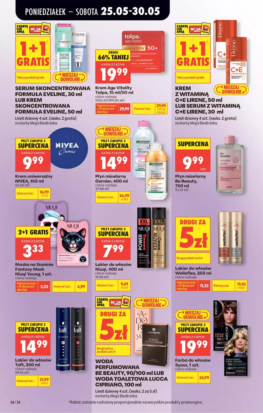 Gazetka promocyjna Biedronka - Od Poniedziałku - ważna 25.05 do 30.05.2026 - strona 56 - produkty: Be Be, Eveline, Fa, Fanta, Farba do włosów, Garnier, Gra, Jaja, Krem uniwersalny, Lakier, Lakier do włosów, Lirene, Maska, Niuqi, Nivea, Perfum, Płyn micelarny, Por, Rum, Ser, Serum, Syoss, Taft, Tołpa, Wella, Wellaflex, Woda, Woda toaletowa