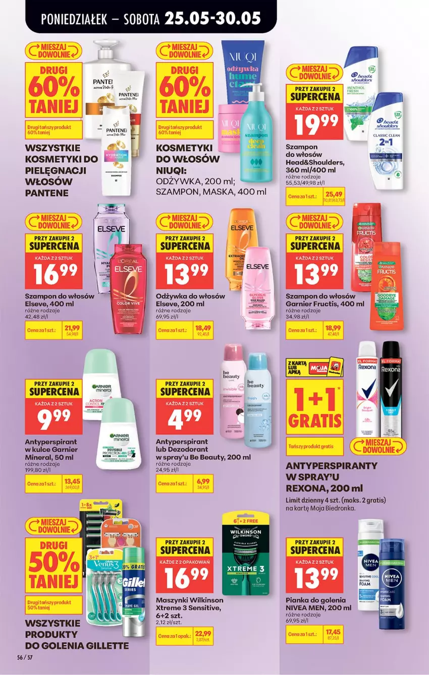 Gazetka promocyjna Biedronka - Od Poniedziałku - ważna 25.05 do 30.05.2026 - strona 58 - produkty: Antyperspirant, Be Be, Dezodorant, Elseve, Fa, Fructis, Garnier, Gillette, Gra, Kosmetyki do pielęgnacji, Maska, Niuqi, Nivea, Nivea Men, Odżywka, Pantene, Pianka do golenia, Rexona, Szampon