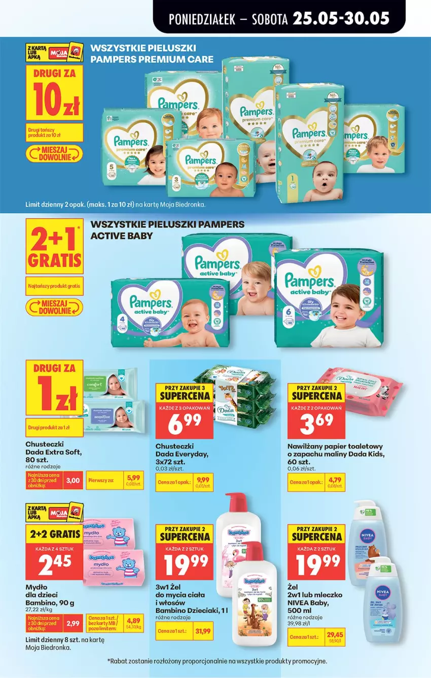 Gazetka promocyjna Biedronka - Od Poniedziałku - ważna 25.05 do 30.05.2026 - strona 61 - produkty: Chusteczki, Dada, Dzieci, Maliny, Mleczko, Mydło, Nivea, Nivea Baby, Pampers, Papier, Papier toaletowy, Por