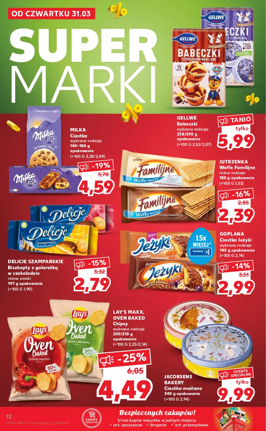 Gazetka promocyjna Kaufland - OFERTA TYGODNIA - ważna 31.03 do 06.04.2022 - strona 12 - produkty: Babeczki, Biszkopty, Chipsy, Ciastka, Delicje, Fa, Gala, Goplana, Jacobs, Jeżyki, Jutrzenka, LANA, Milka, Piec, Wafle