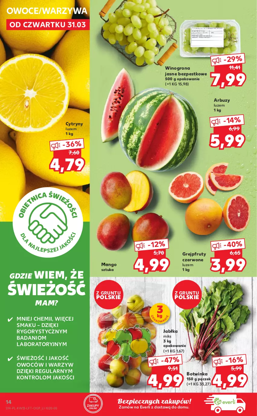 Gazetka promocyjna Kaufland - OFERTA TYGODNIA - ważna 31.03 do 06.04.2022 - strona 14 - produkty: Arbuz, Cytryny, Danio, Grejpfrut, Grunt, Inka, Jabłka, Mango, Owoce, Piec, Warzywa, Wino, Winogrona