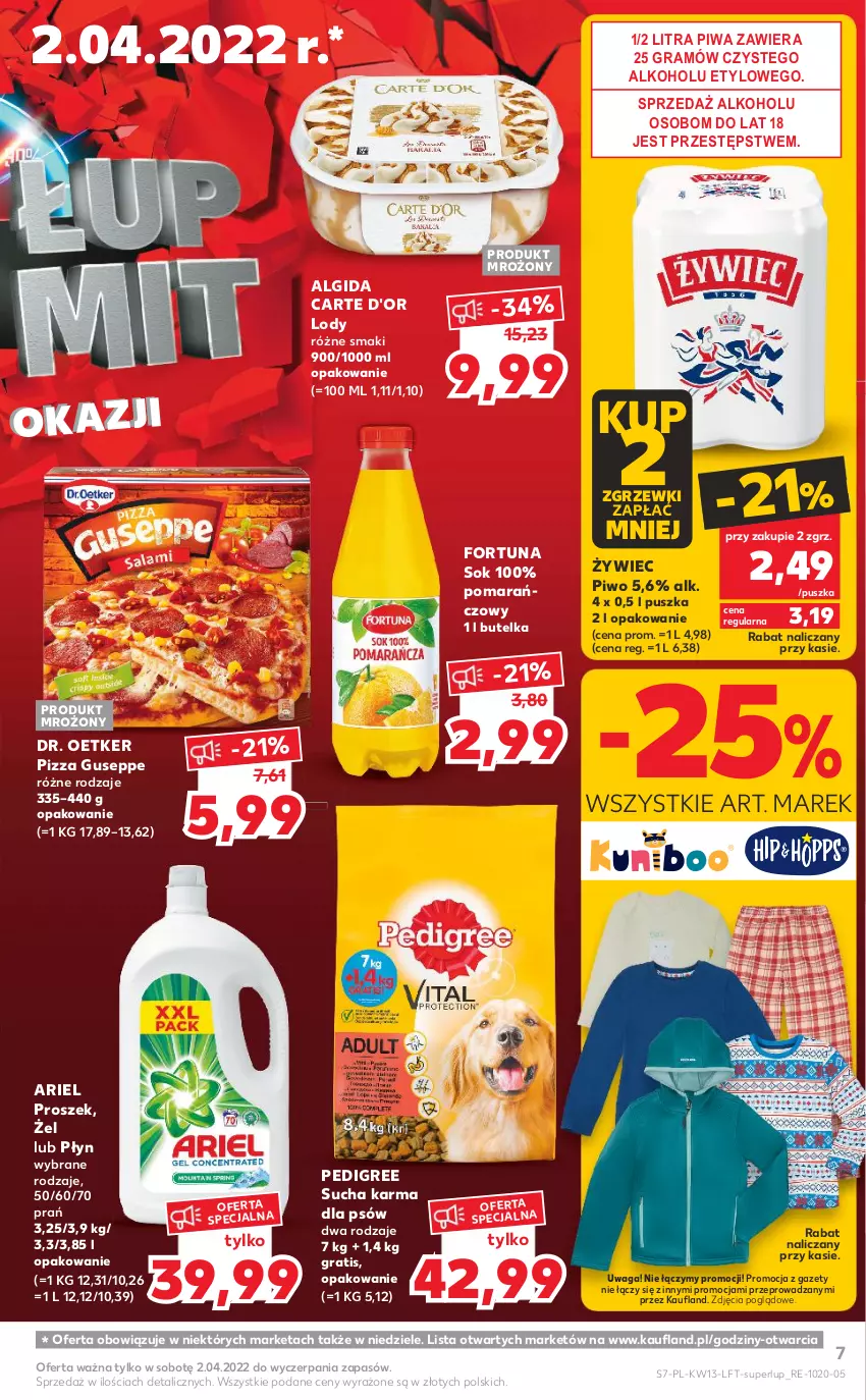 Gazetka promocyjna Kaufland - OFERTA TYGODNIA - ważna 31.03 do 06.04.2022 - strona 7 - produkty: Algida, Ariel, Carte d'Or, Dr. Oetker, Fortuna, Gra, LG, Lody, Pedigree, Piwa, Piwo, Pizza, Sok, Sucha karma, Waga