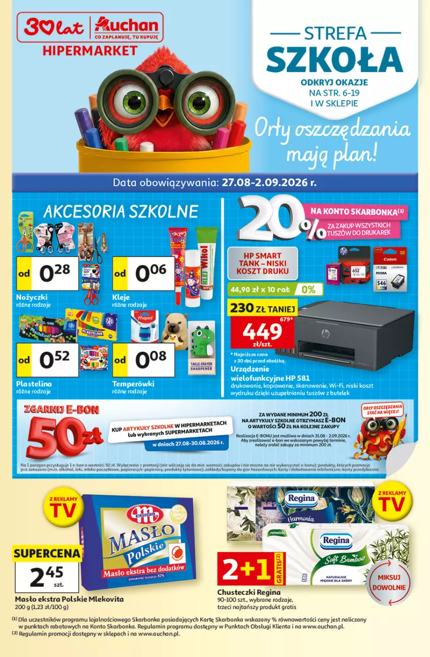 Gazetka promocyjna Auchan - 30 Lat Hipermarket - ważna 27.08 do 02.09.2026 - strona 1 - produkty: Chusteczki, Gin, Gra, HP, Kosz, Masło, Mleko, Mlekovita, Olej, Sharp, Telefon