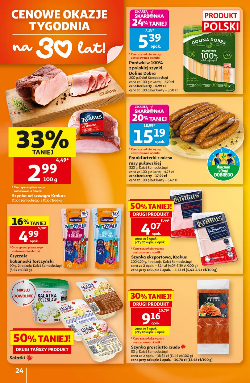 Gazetka promocyjna Auchan - 30 Lat Hipermarket - ważna 27.08 do 02.09.2026 - strona 24 - produkty: Frankfurterki, Gry, Kabanos, Krakus, Parówki, Por, Prosciutto, Sałat, Sałatka, Sport, Szynka, Tarczyński