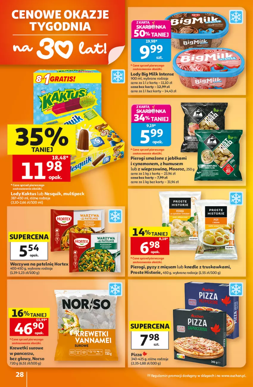 Gazetka promocyjna Auchan - 30 Lat Hipermarket - ważna 27.08 do 02.09.2026 - strona 28 - produkty: Big Milk, Hortex, Jabłka, Knedle, Krewetki, Lody, Mus, Pierogi, Pizza, Warzywa