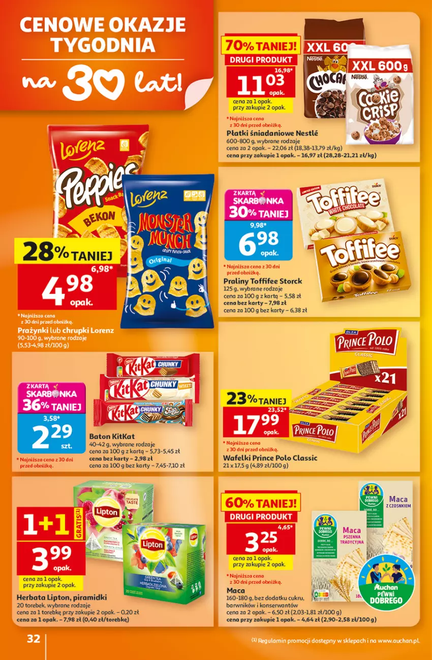 Gazetka promocyjna Auchan - 30 Lat Hipermarket - ważna 27.08 do 02.09.2026 - strona 32 - produkty: Baton, Danio, Gin, Herbata, Lipton, Por, Praliny, Prince Polo, Ser, Toffifee