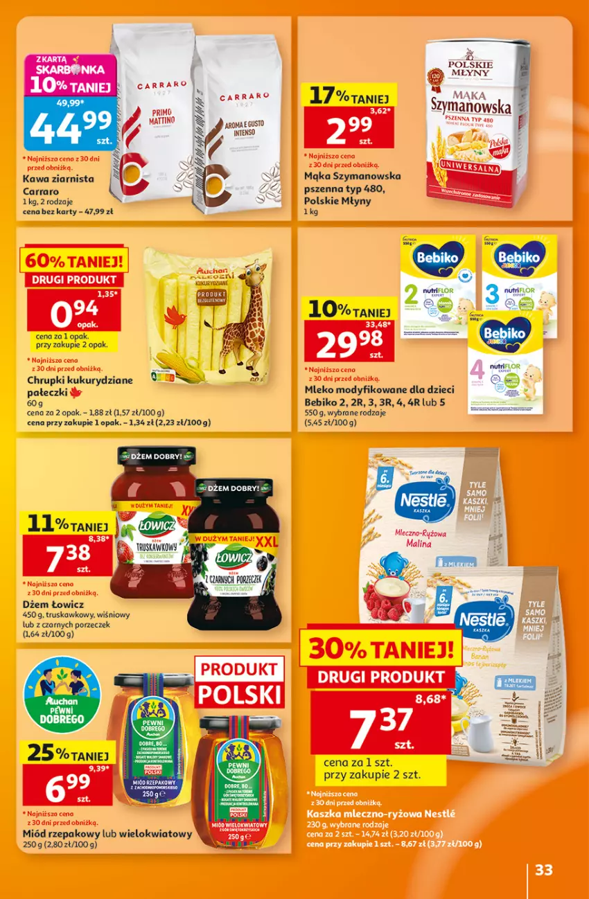 Gazetka promocyjna Auchan - 30 Lat Hipermarket - ważna 27.08 do 02.09.2026 - strona 33 - produkty: Bebiko, Chrupki, Dżem, Dzieci, Kawa, Kawa ziarnista, Mąka, Miód, Mleko, Mleko modyfikowane, Polskie Młyny, Por