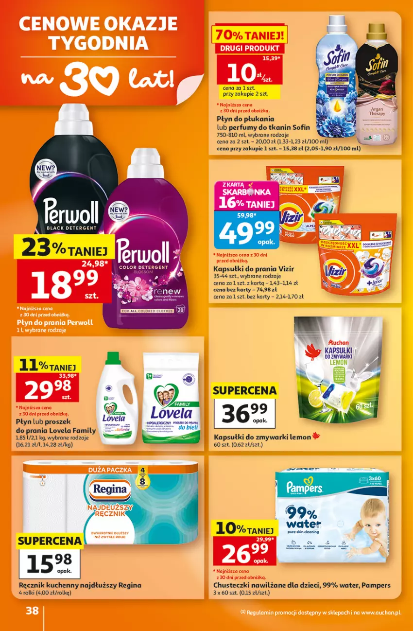 Gazetka promocyjna Auchan - 30 Lat Hipermarket - ważna 27.08 do 02.09.2026 - strona 38 - produkty: Chusteczki, Dzieci, Fa, Gin, Jaja, Kapsułki do prania, Lack, Lovela, Pampers, Perfum, Płyn do płukania, Ręcznik, Ręcznik kuchenny, Rolki, Vizir, Zmywarki