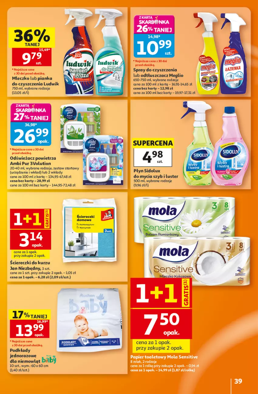 Gazetka promocyjna Auchan - 30 Lat Hipermarket - ważna 27.08 do 02.09.2026 - strona 39 - produkty: Ambi Pur, Chia, Jan Niezbędny, Kokos, Ludwik, Mleczko, Mola, Odświeżacz powietrza, Odtłuszczacz, Pianka do czyszczenia, Podkład, Pur, Rum, Sidolux, Spray do czyszczenia