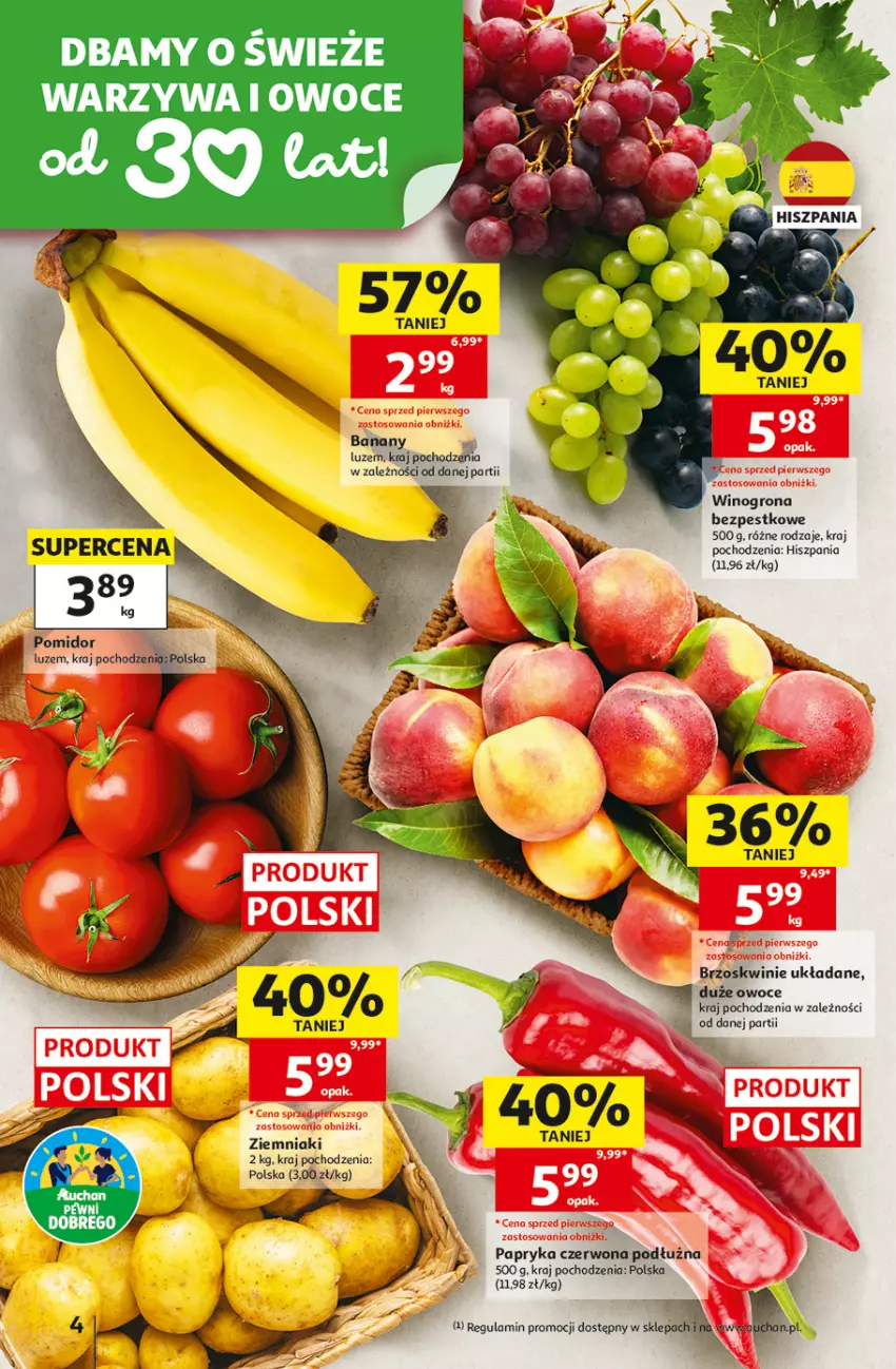 Gazetka promocyjna Auchan - 30 Lat Hipermarket - ważna 27.08 do 02.09.2026 - strona 4 - produkty: Banany, Brzoskwinie, Owoce, Papryka, Papryka czerwona, Warzywa, Warzywa i owoce, Wino, Winogrona, Ziemniaki