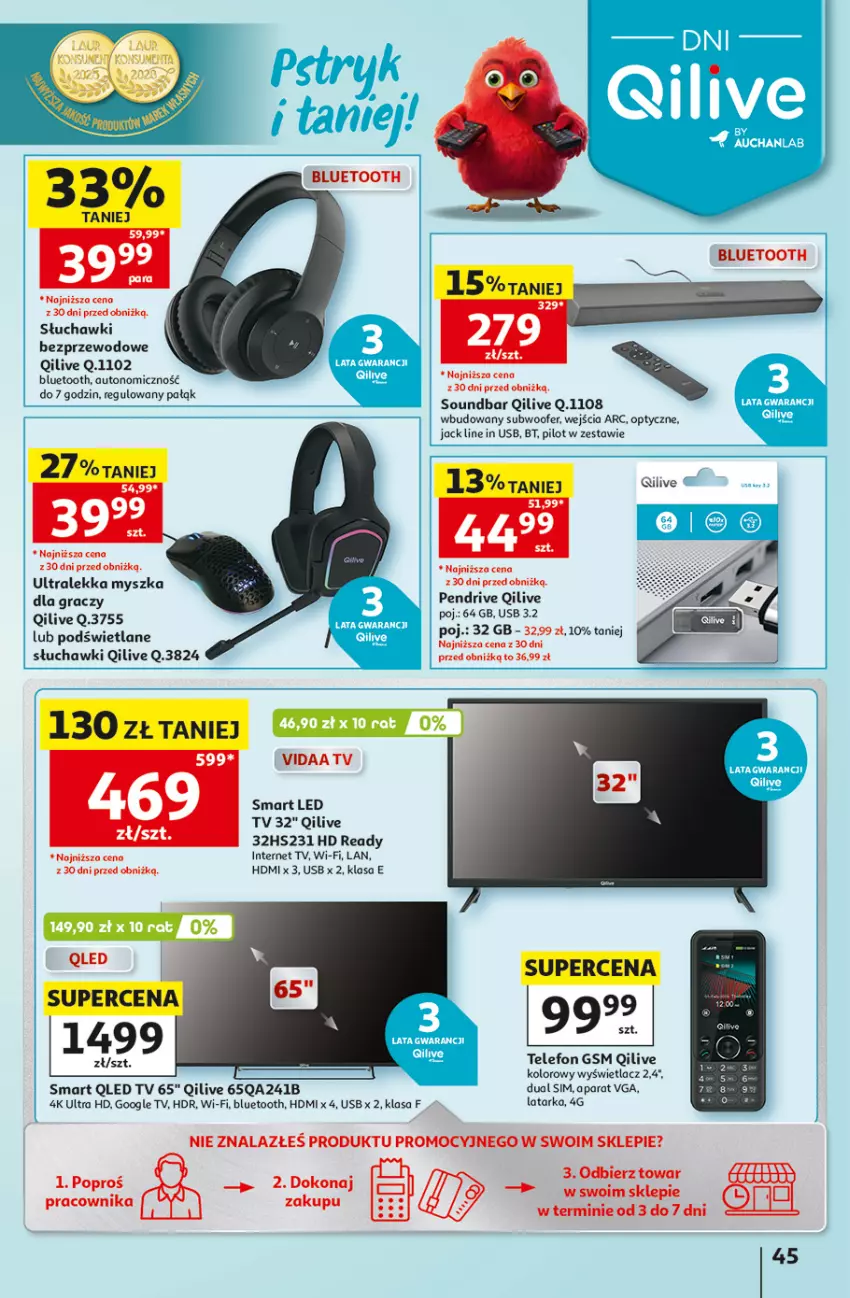 Gazetka promocyjna Auchan - 30 Lat Hipermarket - ważna 27.08 do 02.09.2026 - strona 45 - produkty: Gra, HD ready, Latarka, LED TV, Mysz, Pendrive, Słuchawki, Słuchawki bezprzewodowe, Soundbar, Subwoofer, Tarka, Telefon