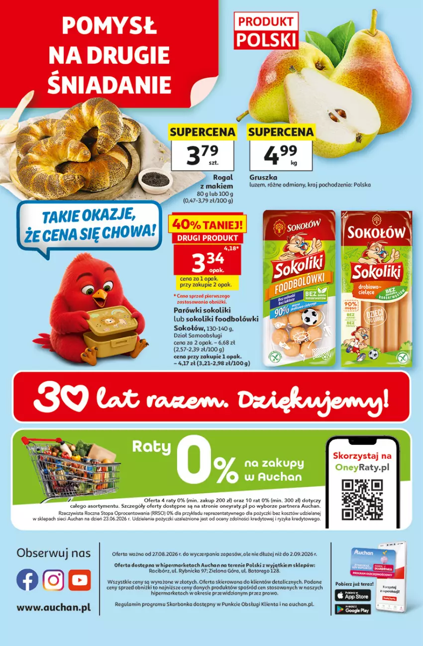 Gazetka promocyjna Auchan - 30 Lat Hipermarket - ważna 27.08 do 02.09.2026 - strona 49 - produkty: Gra, Kosz, Parówki, Parówki sokoliki, Ser, Sok, Sokołów, Top