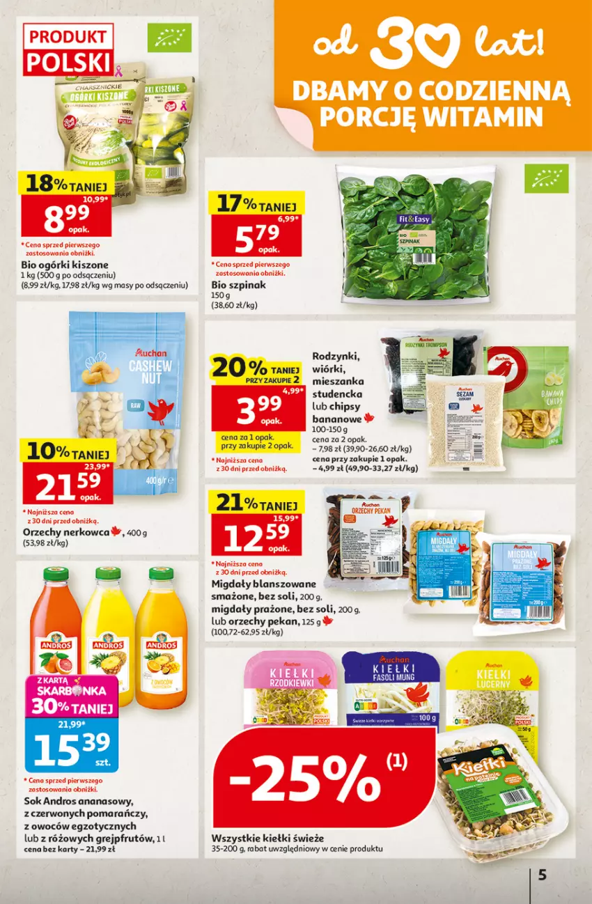 Gazetka promocyjna Auchan - 30 Lat Hipermarket - ważna 27.08 do 02.09.2026 - strona 5 - produkty: Ananas, Chipsy, Grejpfrut, Kiełki, Migdały, Miód, Rodzynki, Sok, Szpinak