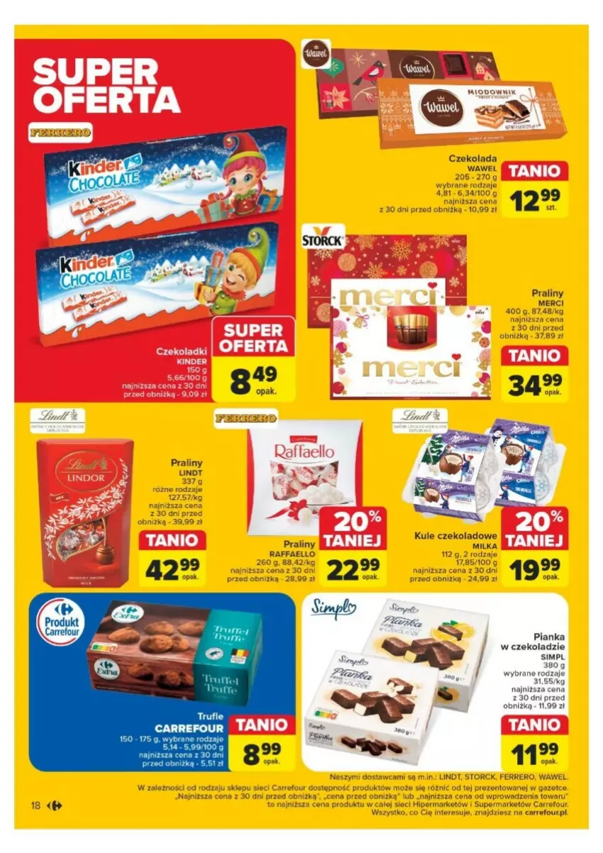 Gazetka promocyjna Carrefour - ważna 25.11 do 30.11.2024 - strona 10 - produkty: Czekolada, Ferrero, Lindt, Merci, Milka, Pianka w czekoladzie, Praliny, Wawel