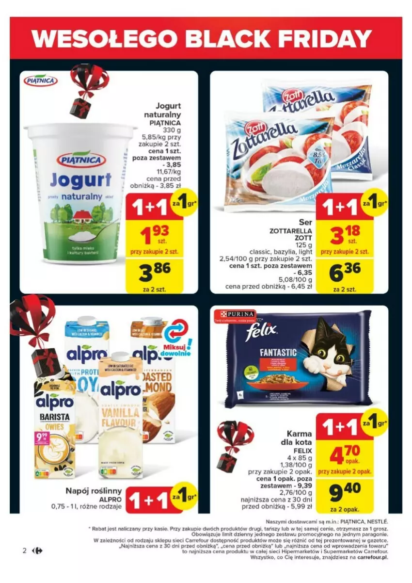 Gazetka promocyjna Carrefour - ważna 25.11 do 30.11.2024 - strona 12 - produkty: Alpro, Bazyl, Bazylia, Felix, Jogurt, Jogurt naturalny, Napój, Napój roślinny, Piątnica, Ser, Zott, Zottarella