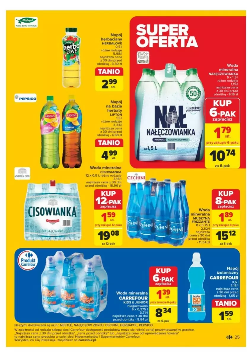 Gazetka promocyjna Carrefour - ważna 25.11 do 30.11.2024 - strona 18 - produkty: Cisowianka, Herbapol, Lipton, Mus, Napój, Napój izotoniczny, Pepsi, Szyna, Woda, Woda mineralna