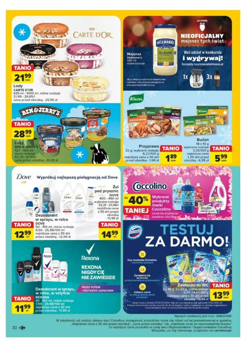 Gazetka promocyjna Carrefour - ważna 25.11 do 30.11.2024 - strona 24 - produkty: Bulion, Carte d'Or, Coccolino, Dezodorant, Dove, Lion, Lody, Majonez