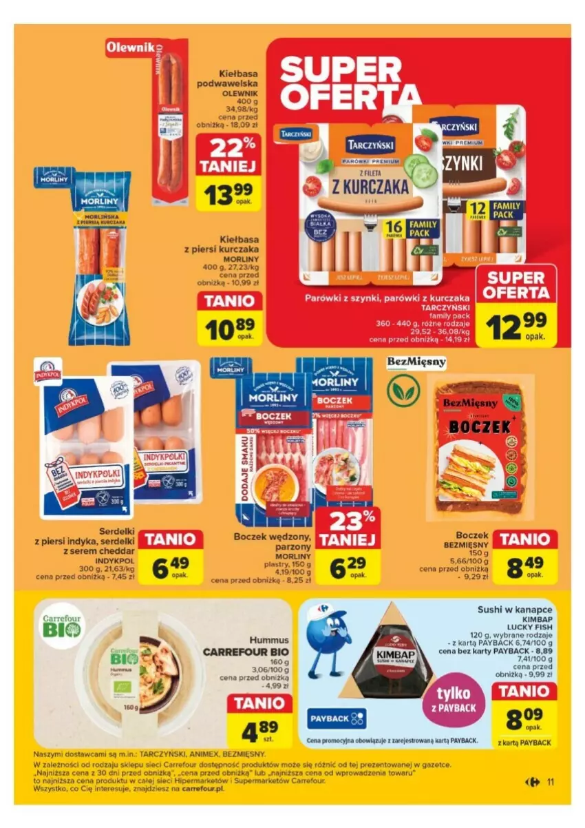 Gazetka promocyjna Carrefour - ważna 25.11 do 30.11.2024 - strona 3 - produkty: Boczek, Cheddar, Hummus, Kiełbasa, Kiełbasa podwawelska, Kiełbasa z piersi kurczaka, Kurczak, Morliny, Mus, Olewnik, Ser, Serdelki, Sushi, Tarczyński, Wawel