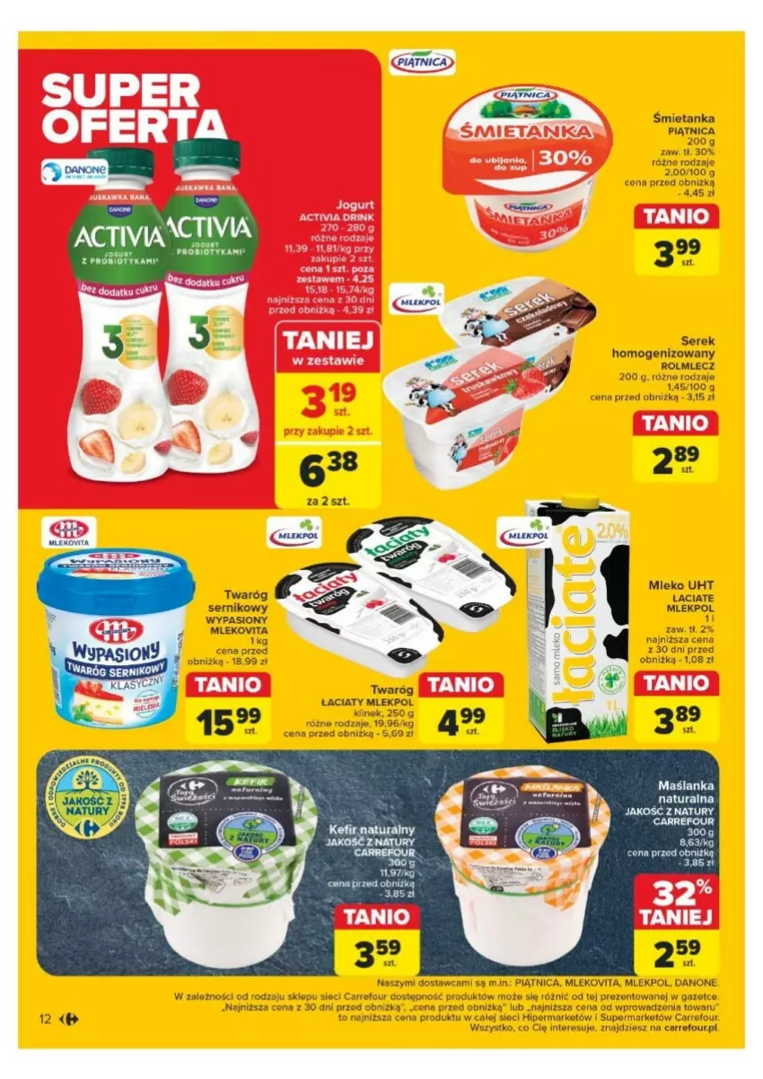 Gazetka promocyjna Carrefour - ważna 25.11 do 30.11.2024 - strona 4 - produkty: Danone, Kefir, Kefir naturalny, Maślanka, Mleko, Mlekovita, Piątnica, Probiotyk, Rolmlecz, Ser, Serek, Serek homogenizowany, Twaróg