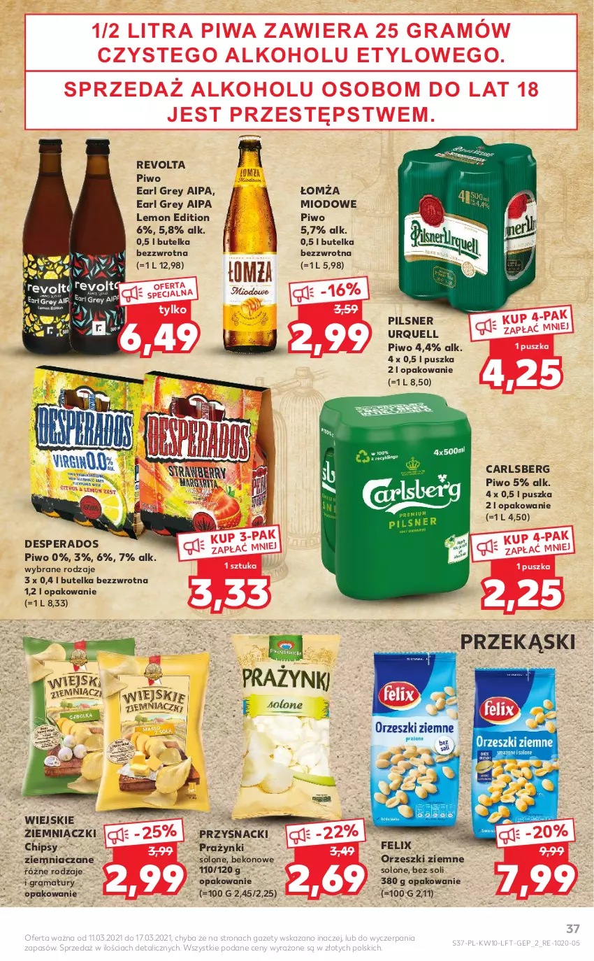 Gazetka promocyjna Kaufland - OFERTA TYGODNIA - ważna 11.03 do 17.03.2021 - strona 37 - produkty: Beko, Carlsberg, Chipsy, Desperados, Earl Grey, Felix, Gra, Orzeszki, Orzeszki ziemne, Pilsner Urquell, Piwa, Piwo, Przysnacki, Rama