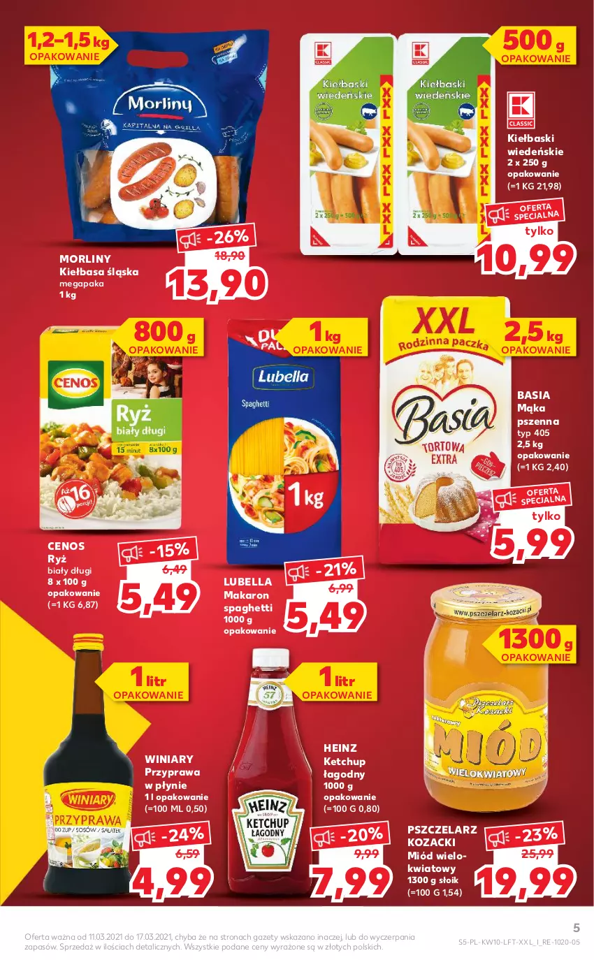 Gazetka promocyjna Kaufland - OFERTA TYGODNIA - ważna 11.03 do 17.03.2021 - strona 5 - produkty: Basia, Bell, Bella, Cenos, Heinz, Ketchup, Kiełbasa, Kiełbasa śląska, Lubella, Mąka, Mąka pszenna, Makaron, Miód, Morliny, Przyprawa w płynie, Ryż, Ryż biały, Spaghetti, Winiary