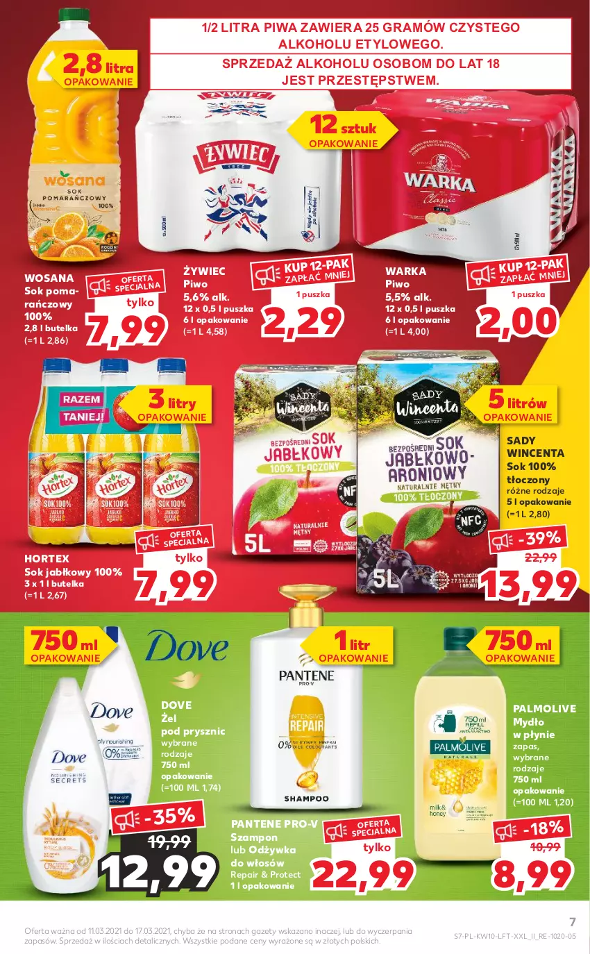 Gazetka promocyjna Kaufland - OFERTA TYGODNIA - ważna 11.03 do 17.03.2021 - strona 7 - produkty: Dove, Gra, Hortex, Mydło, Mydło w płynie, Odżywka, Palmolive, Pantene, Piwa, Piwo, Sok, Sok jabłkowy, Sok pomarańczowy, Szampon, Warka, Wosana