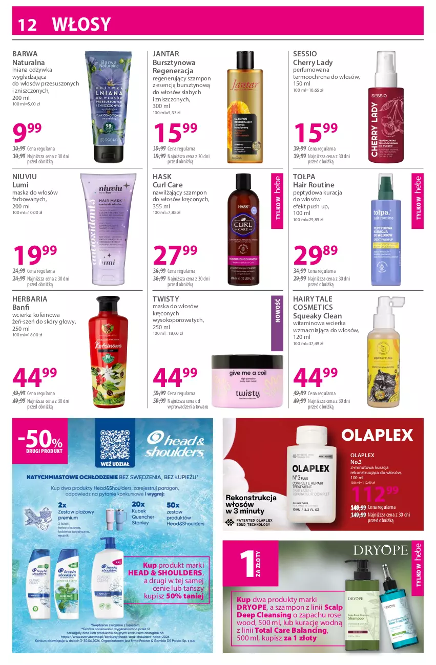 Gazetka promocyjna Hebe - Gazetka - ważna 03.06 do 18.06.2026 - strona 12 - produkty: Barwa Naturalna, Bursztyn, Fa, Hask, Maska, Maska do włosów, Odżywka, Perfum, Por, SESSIO, Sok, Szampon, Tołpa, Yope