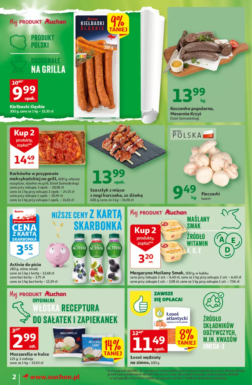 Gazetka promocyjna Auchan - Gazetka Wielkie majowe odkrycia cenowe Moje Auchan - ważna 27.04 do 02.05.2023 - strona 2 - produkty: Activia, Gin, Grill, Kasza, Kaszanka, Kurczak, Margaryna, Mozzarella, O nas, Piec, Sałat