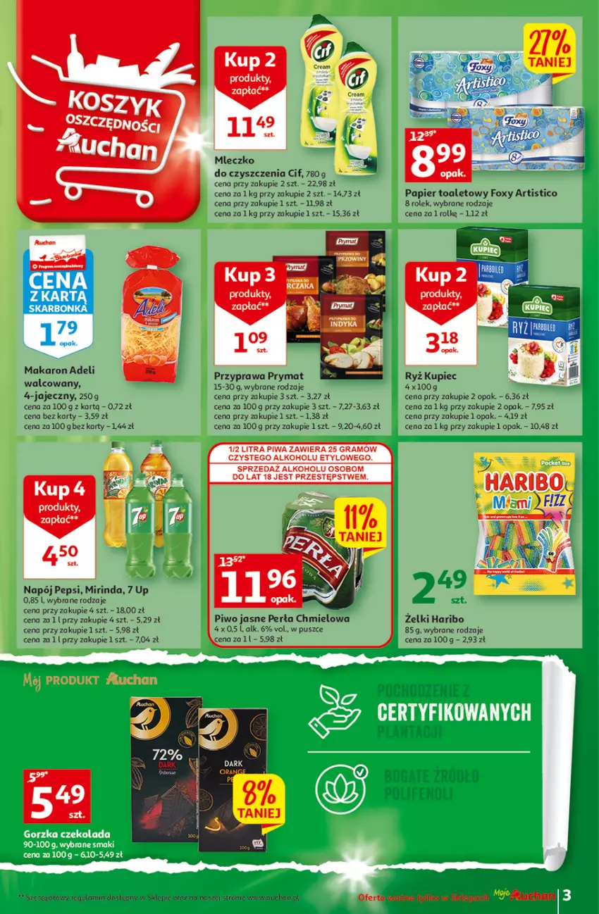 Gazetka promocyjna Auchan - Gazetka Wielkie majowe odkrycia cenowe Moje Auchan - ważna 27.04 do 02.05.2023 - strona 3 - produkty: Cif, Foxy, Gra, Haribo, Kupiec, Makaron, Mirinda, Napój, Papier, Papier toaletowy, Pepsi, Perła, Piec, Piwa, Piwo, Piwo jasne, Prymat, Ryż, Tran