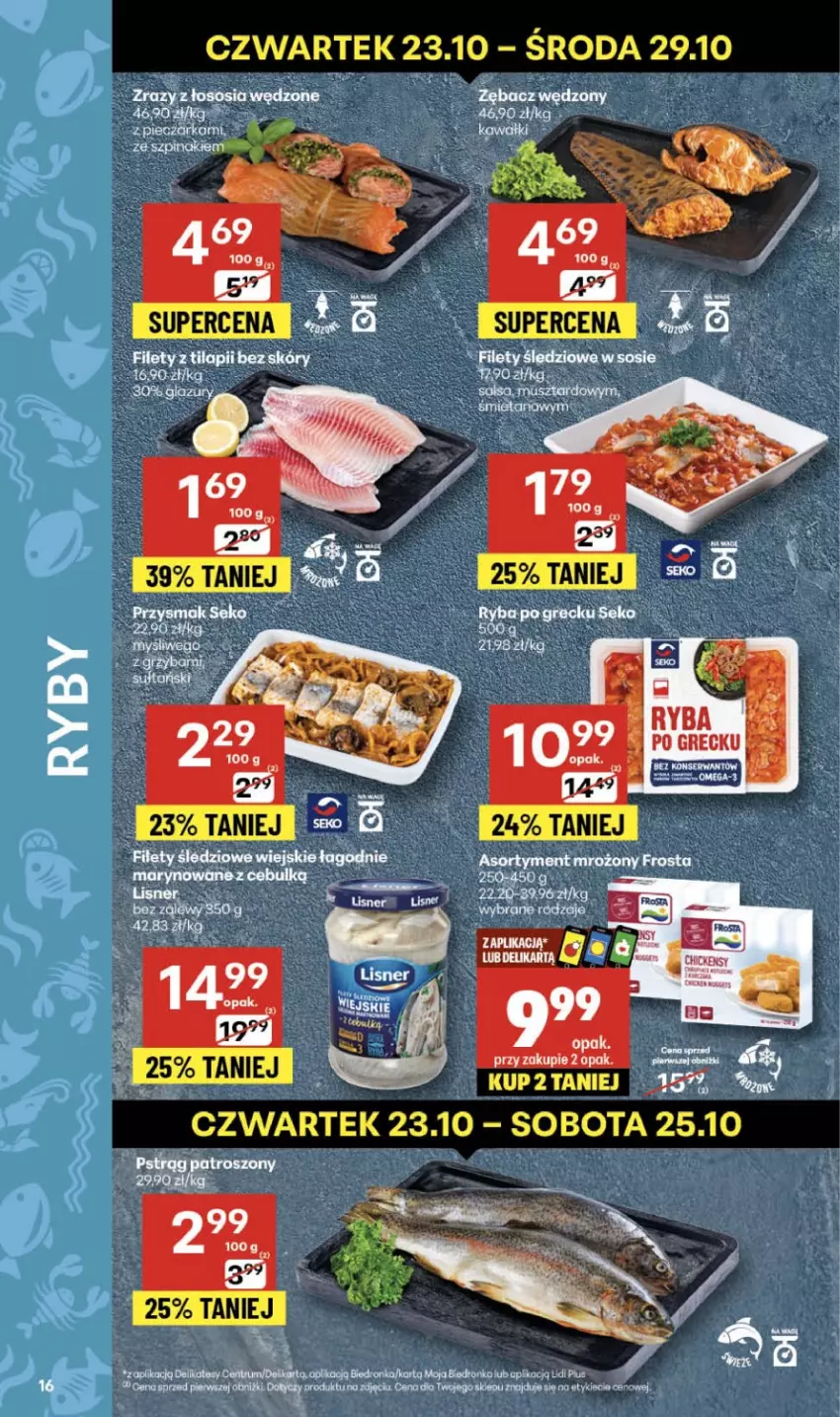 Gazetka promocyjna Delikatesy Centrum - Franczyza DC43 Czwartek - ważna 23.10 do 29.10.2025 - strona 16 - produkty: Frosta, Koc, Lazur, Lisner, Piec, Pieczarka, Pstrąg, Rum, Sos, Szpinak