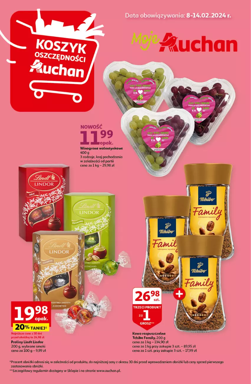 Gazetka promocyjna Auchan - Gazetka Koszyk Oszczędności Moje Auchan - ważna 08.02 do 14.02.2024 - strona 1 - produkty: Fa, Kawa, Lindor, Lindt, Praliny, Tchibo, Tchibo Family, Wino, Winogrona