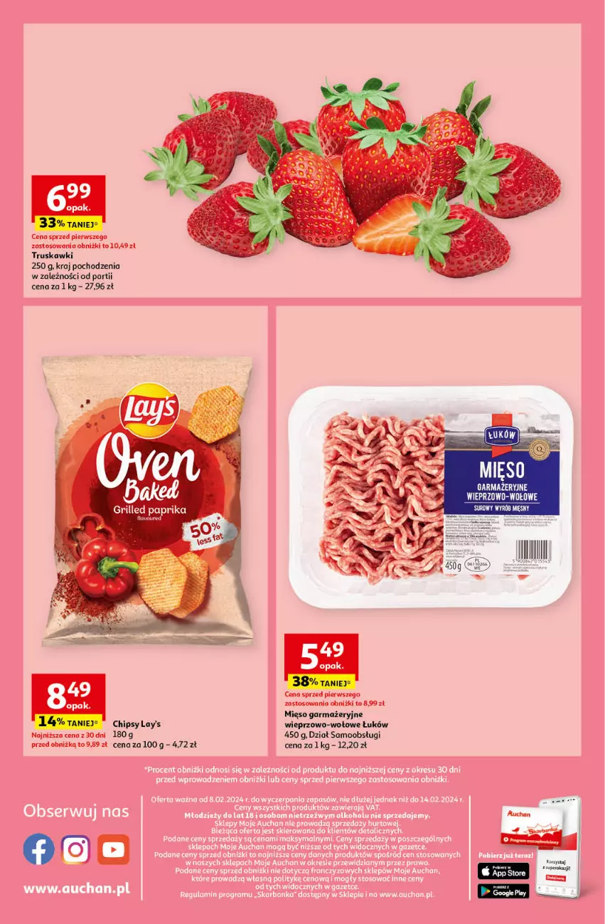 Gazetka promocyjna Auchan - Gazetka Koszyk Oszczędności Moje Auchan - ważna 08.02 do 14.02.2024 - strona 8 - produkty: Chipsy, Grill, Mięso, Mięso garmażeryjne, Truskawki