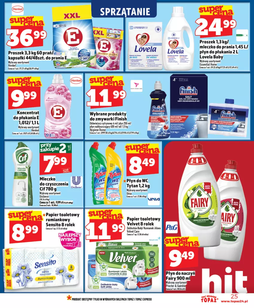 Gazetka promocyjna Topaz - Gazetka - ważna 08.01 do 14.01.2026 - strona 25 - produkty: Fa, Fairy, Finish, Lovela, Mleczko, Mleczko do prania, Papier, Papier toaletowy, Płyn do płukania, Płyn nabłyszczający, Rum, Sito, Sól, Top, Tytan, Velvet, Zmywarki