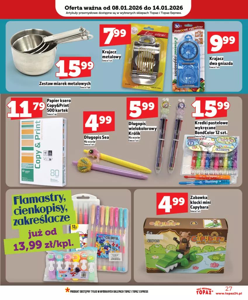 Gazetka promocyjna Topaz - Gazetka - ważna 08.01 do 14.01.2026 - strona 27 - produkty: Długopis, Klocki, Królik, Papier, Ser, Top, Zabawka