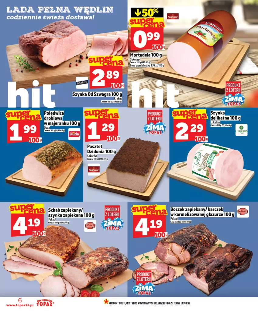 Gazetka promocyjna Topaz - Gazetka - ważna 08.01 do 14.01.2026 - strona 6 - produkty: Boczek, Duda, Gra, Krakus, Lazur, Pasztet, Polędwica, Sok, Sokołów, Szynka, Top
