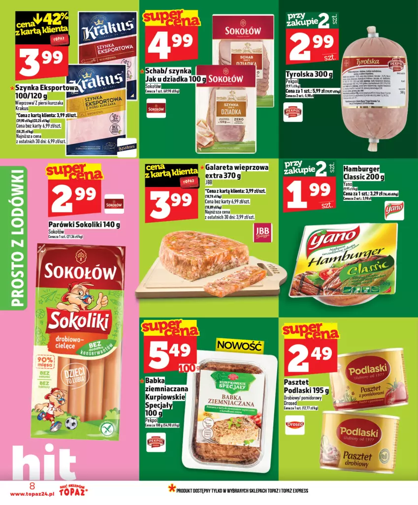 Gazetka promocyjna Topaz - Gazetka - ważna 08.01 do 14.01.2026 - strona 8 - produkty: Gala, Krakus, Kurczak, Parówki, Parówki sokoliki, Pasztet, Podlaski, Por, Sok, Sokołów, Top
