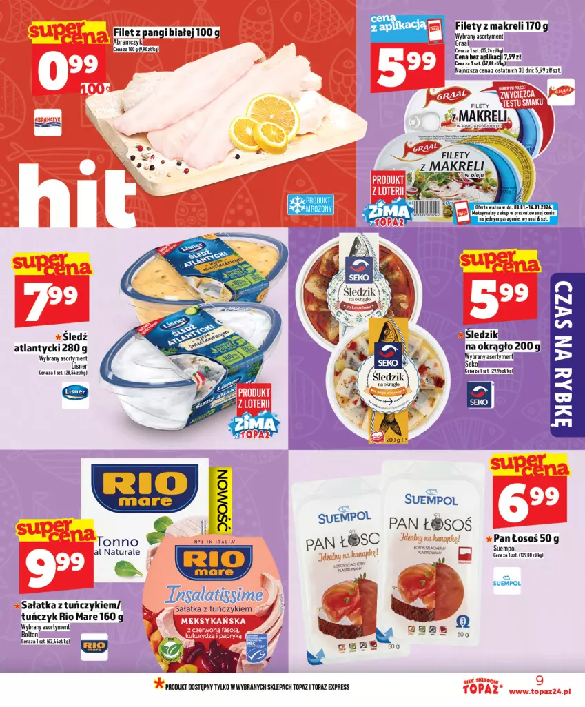 Gazetka promocyjna Topaz - Gazetka - ważna 08.01 do 14.01.2026 - strona 9 - produkty: Filet z pangi, Gala, Gra, Graal, Lisner, Rio Mare, Sałat, Sałatka, Sos, Suempol, Top, Tuńczyk