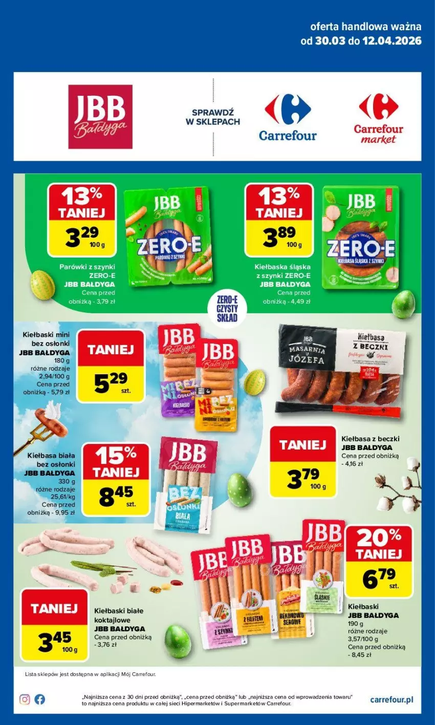 Gazetka promocyjna Carrefour - Gazetka Pełnia smaku w każdym plasterku - ważna 30.03 do 12.04.2026 - strona 1 - produkty: Kiełbasa, Kiełbasa biała, Kiełbaski białe, Parówki, Parówki z szynki